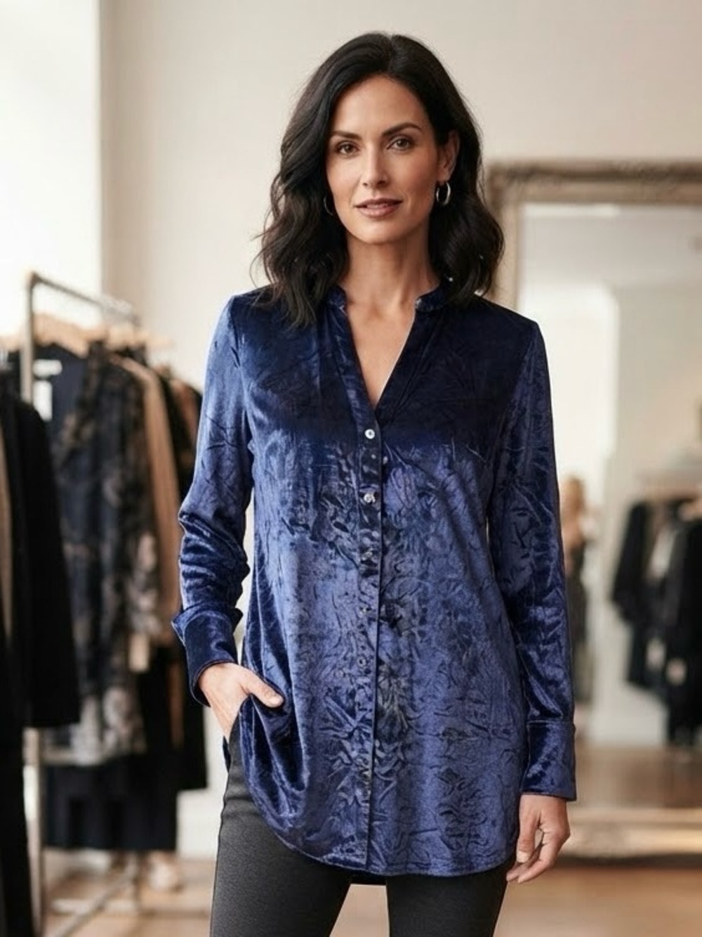 Maeve | Anthropologie | Crushed Velvet Button-Front Tunic in Deep Blue | Sz 6